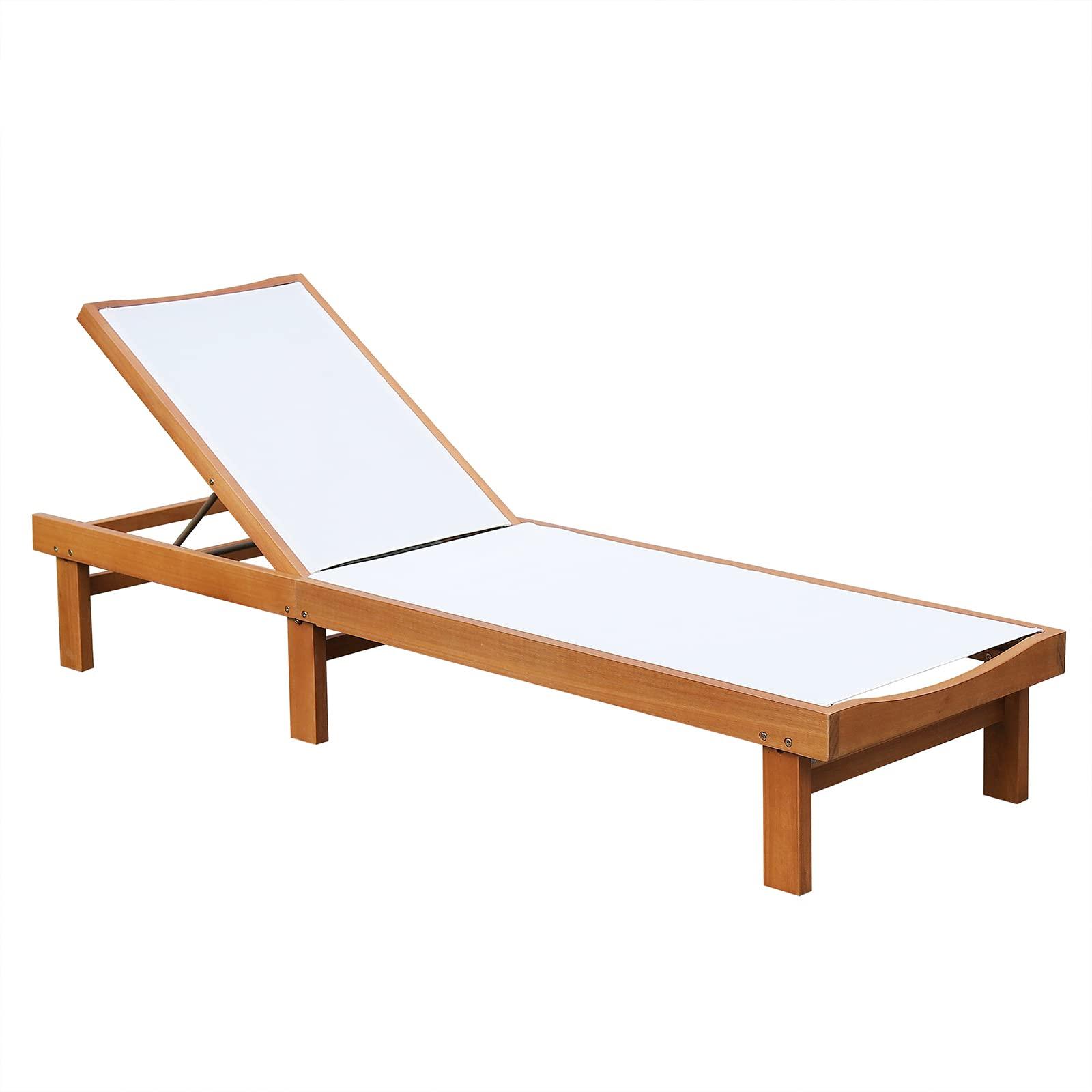 Tangkula Outdoor Wood Chaise Lounge Chair, Patio Chaise Lounger with 5-Postion Adjustable Back, Eucalyptus Wood Reclining Lounge Chair with Breathable Fabric for Poolside Lawn Backyard (1, White) - CookCave