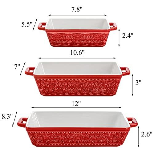 Hacaroa 3 Pack Ceramic Baking Dishes, Rectangular Bakeware with Handles, Elegant Casserole Dish Set Lasagna Pan, Baking Pans Set for Oven, Cooking, Banquet and Daily Use, Red, 3 Sizes - CookCave