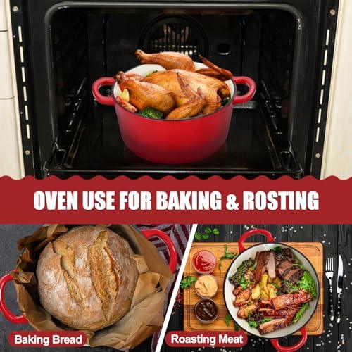 Red Enameled Dutch Oven Pot for Bread Baking, P&P CHEF 2 in 1 Round 5Qt Cast Iron Dutch Oven with Lid Set, Skillet & Pot for Roasting Braising Stewing Frying Simmering, Multi Stoves & Oven Safe - CookCave