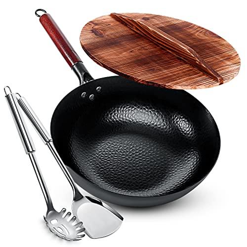 Homeries Wok Pan - 12.8" Woks and Stir Fry Pans, Carbon Steel Wok with Wooden Handle and Lid and 2 Spatulas - Non-Stick Flat Bottom Wok Frying Pan Suitable for Electric, Induction, and Gas Stoves - CookCave