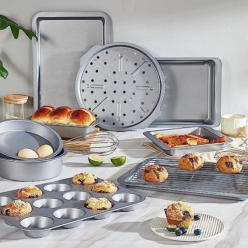 HONGBAKE Bakeware Sets, Baking Pans Set, Nonstick Oven Pan for Kitchen with Wider Grips, 10-Pieces Including Rack, Cookie Sheet, Cake Pans, Loaf Pan, Muffin Pan, Pizza Pan - Sliver - CookCave