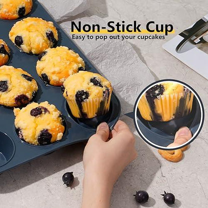 Vnray 2 Pack Silicone Muffin Baking Pan & Cupcake Tray 12 Cup - Nonstick Cake Molds/Tin, Silicon Bakeware, BPA Free, Dishwasher & Microwave Safe (12 Cup Size, Grey) - CookCave