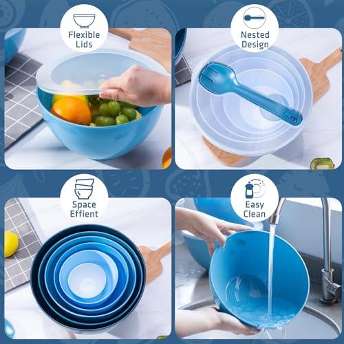 LUXEAR Mixing Bowls with Lids Set, 14 Pieces Plastic Nesting Bowls Includes 6 Prep Bowls, 6 Lids, 2 Cooking Spoons(Can Convert into Tongs), Microwave Dishwasher Safe for Mixing Serving Baking Storing - CookCave