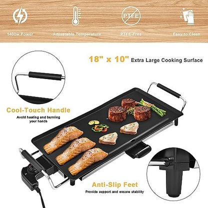 AEWHALE Electric Nonstick Griddle Grill- Teppanyaki Grill BBQ with Adjustable Temperature and Drip Trays for Indoor/Outdoor,18" x 10" - CookCave