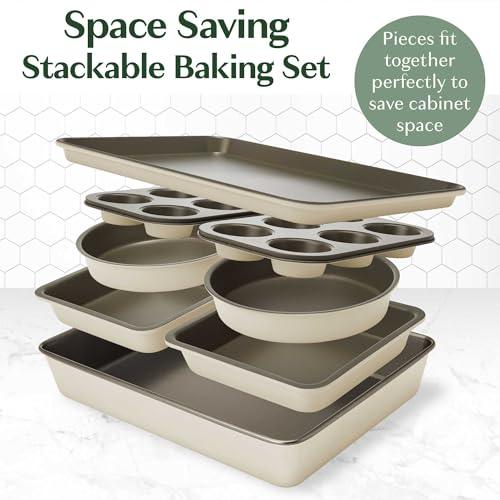 Goodful All-In-One Nonstick Bakeware Set, Stackable and Space Saving Design includes Round and Square Pans, Muffin Pans, Cookie Sheet and Roaster, Dishwasher Safe, 8-Piece, Linen - CookCave