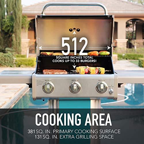 Kenmore 3-Burner Outdoor BBQ Grill | Liquid Propane Barbecue Gas Grill with Folding Sides, PG-A4030400LD-TL, Pedestal Grill with Wheels, 30000 BTU, Teal - CookCave