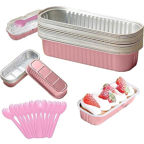 MJPCUAU 12Pack Mini Loaf Pans with Lids and Spoons, 6.8oz Disposable Rectangle Aluminum Foil Oven Cake Container, Baking Bread Muffin Dessert Tins for Family Gatherings and Picnics (Pink) - CookCave