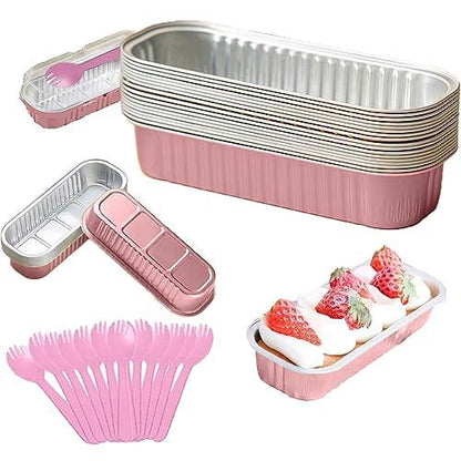 MJPCUAU 12Pack Mini Loaf Pans with Lids and Spoons, 6.8oz Disposable Rectangle Aluminum Foil Oven Cake Container, Baking Bread Muffin Dessert Tins for Family Gatherings and Picnics (Pink) - CookCave