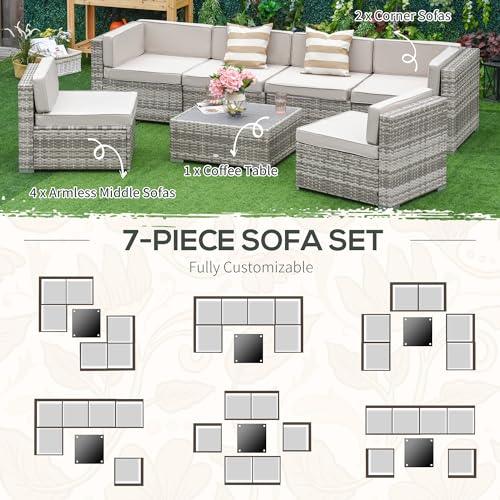 Outsunny 7-Piece Patio Furniture Set, Outdoor Wicker Conversation Set, All Weather PE Rattan Sectional Sofa Set with Cushions and Tempered Faux Wood Table, Stripe Pillows, Beige - CookCave