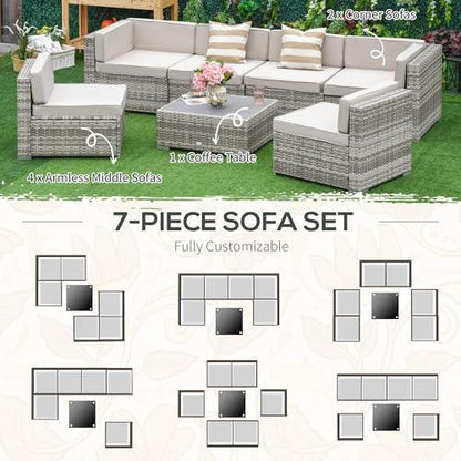 Outsunny 7-Piece Patio Furniture Set, Outdoor Wicker Conversation Set, All Weather PE Rattan Sectional Sofa Set with Cushions and Tempered Faux Wood Table, Stripe Pillows, Beige - CookCave