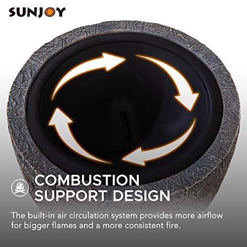 Sunjoy 26 in. Stone Fire Pit, Patio Outdoor Round Wood Burning Fire Pits for Outside with Spark Screen and Poker, Brown & Black - CookCave