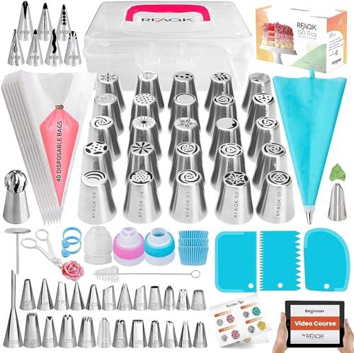 RFAQK 150PCs Russian Piping Tips Complete Set - Cookie,Cupcake Decorating Supplies Kit -Cake Piping Tips Set(24 Icing Tips+25 Russian+7 Ruffle+Leaf&Ball+41 Pastry Bags+EBook) - CookCave