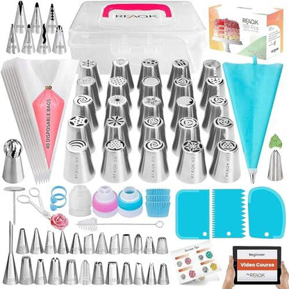 RFAQK 150PCs Russian Piping Tips Complete Set - Cookie,Cupcake Decorating Supplies Kit -Cake Piping Tips Set(24 Icing Tips+25 Russian+7 Ruffle+Leaf&Ball+41 Pastry Bags+EBook) - CookCave