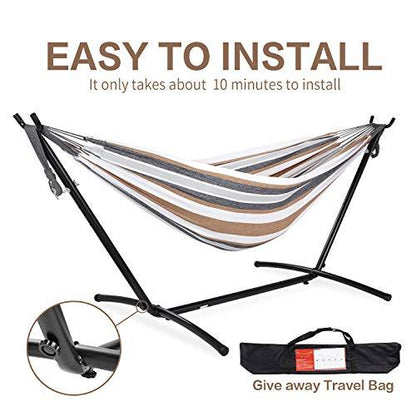 PNAEUT Double Hammock with Space Saving Steel Stand Included 2 Person Heavy Duty Outside Garden Yard Outdoor 450lb Capacity 2 People Standing Hammocks and Portable Carrying Bag (Coffee) - CookCave