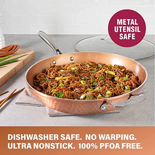 Gotham Steel Hammered Copper 14 Inch Non Stick Frying Pan with Lid, Nonstick Frying Pan with Ceramic Coating and Induction Plate for Even Heating, Oven / Dishwasher Safe, 100% Healthy & Non Toxic - CookCave