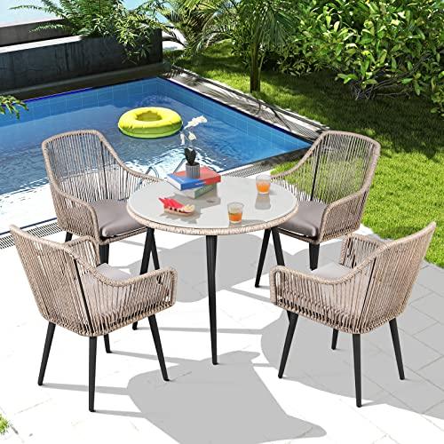 Patiorama 5-Piece Patio Dining Set, Outdoor Dining Table Chair Set, All-Weather Twisted Rattan Wicker Rope Conversation Set, Patio Furniture Set w/Umbrella Hole, 4 Cushioned Chairs&Glass Table(Tan) - CookCave
