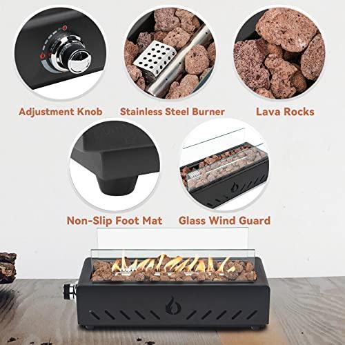 Onlyfire 18" Tabletop Fire Pit with Glass Wind Guard and Lava Rocks, Outdoor Smokeless Fire Pit Side-Mounted for Patio Backyard, Propane Gas Table Firepit for Patio Camping, Black Rectangular - CookCave