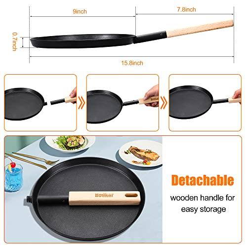 bodkar Frying Pan Skillet 8-inch Flat Crepe Pan, Lightweight Grill Pan with Wooden Handle for Camping Indoor Outdoor Cooking - CookCave