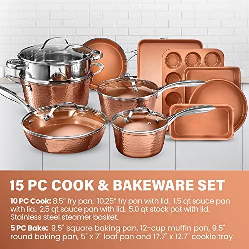 Gotham Steel Hammered 15 Pc Ceramic Pots and Pans Set Non Stick Cookware Set, Kitchen Cookware Sets, Ceramic Cookware Set with Non Toxic Cookware, Copper Pot and Pan Set, Oven & Dishwasher Safe - CookCave