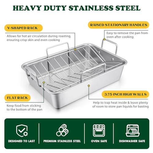 Roasting Pan, E-far 16 x 11.5 Inch Stainless steel Turkey Roaster with Rack - Deep Broiling Pan & V-shaped Rack & Flat Rack, Non-toxic & Heavy Duty, Easy Clean & Dishwasher Safe - Large - CookCave