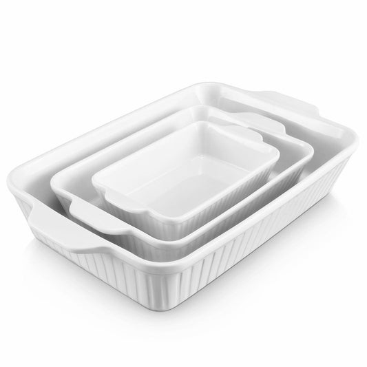 DOWAN Casserole Dishes for Oven, Ceramic Baking Dishes for Oven Set of 3, Lasagna Pan Deep, Baking Pan Set Rectangular Casserole Dish Set with Handles for Baking, White (15.6''/12.2''/8.9'') - CookCave