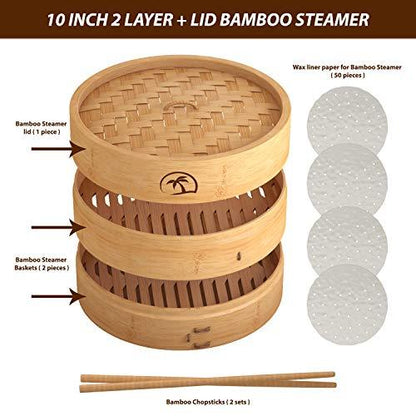 DEALZNDEALZ 3-Piece Bamboo Steamer Basket with Lid 10-inch 2-Tier, 50 Perforated Bamboo Steamer Liners with 2-Pairs of Bamboo Chopsticks - CookCave