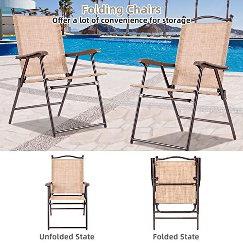 Tangkula Set of 2 Patio Folding Dining Chairs, Outdoor Sling Lawn Chairs with Armrests, Steel Frame, Portable Camping Lounge Chairs for Backyard, Deck, Poolside and Garden, No Assembly (Beige) - CookCave