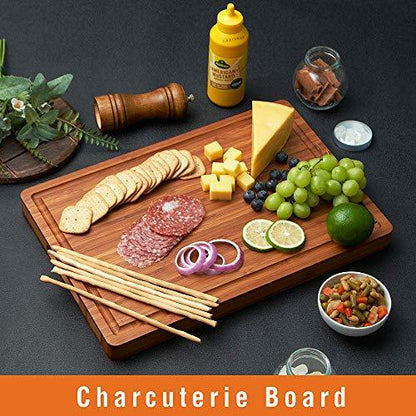 Bamboo Wood Cutting Board for Kitchen, 1" Thick Butcher Block, Cheese Charcuterie Board, with Side Handles and Juice Grooves, 16x11" - CookCave