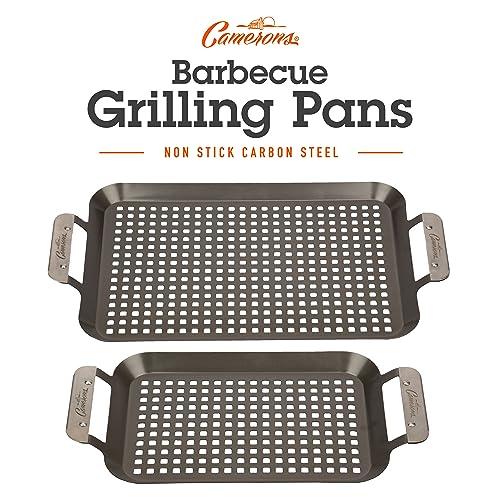 Camerons BBQ Grill Topper Grilling Pans (Set of 2 - Non-Stick Barbecue Trays w Stainless Steel Handles - Indoor Outdoor use for Barbecue & Smoked Meat, Vegetables & Seafood - Grill Accessory Gift Pack - CookCave