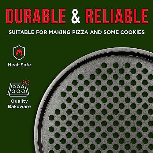 Bakken- Swiss Non-Stick Pizza Pan with Holes - 13-Inch Perforated Pizza Crisper Carbon Steel Pizza Pan - 1 Round Pizza Trays with Silicone Handles PFOA PFOS and PTFE Free - CookCave