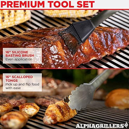 Alpha Grillers Grill Set Heavy Duty BBQ Accessories - BBQ Gifts Tool Set 4pc Grill Accessories with Spatula, Fork, Brush & BBQ Tongs - Grilling Cooking Gifts for Men Dad Durable, Stainless Steel - CookCave