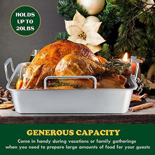 Roasting Pan, E-far 16 x 11.5 Inch Stainless steel Turkey Roaster with Rack - Deep Broiling Pan & V-shaped Rack & Flat Rack, Non-toxic & Heavy Duty, Easy Clean & Dishwasher Safe - Large - CookCave