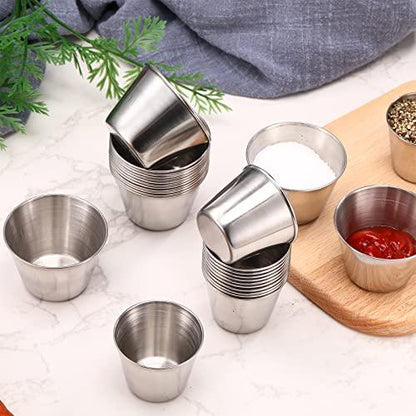 Potchen 50 Pack Stainless Steel Condiment Sauce Cups 1.5 Oz, 2 Individual Round Condiments Ramekins Small Metal Reusable Mini Dipping Kitchen Vinegar Butter Ketchup - CookCave