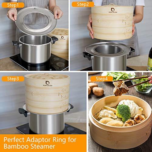 HAPPi STUDIO Bamboo Steamer Basket With Steamer Ring - 10 inch Dumpling Steamer Basket - Large Bamboo Steamer for Cooking Bao Buns, Dim Sum - Chinese Steamer Bamboo Steam Basket - Steaming Basket - CookCave