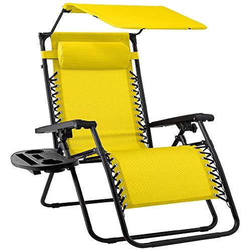 Best Choice Products Folding Zero Gravity Outdoor Recliner Patio Lounge Chair w/Adjustable Canopy Shade, Headrest, Side Accessory Tray, Textilene Mesh - Sunflower Yellow - CookCave