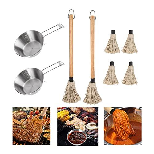 YWNYT 8 Pcs BBQ Mop and Sauce Pot, Grill Basting Mop for Grilling, 2 Pcs Stainless Steel Barbecue Pot + 2 Pcs Sauce Mops Wooden Long Handle and 4Pcs Replacement Barbecue Accessories for Grilling BBQ - CookCave