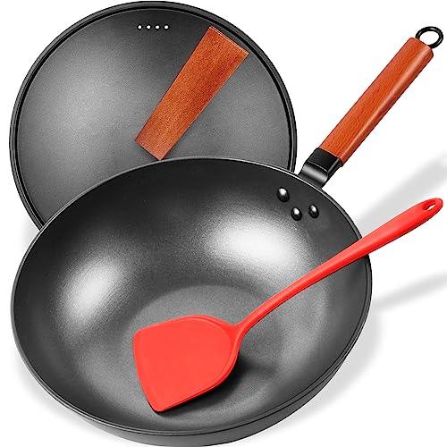 Anyfish Wok Pan with Lid, 13in Woks & Stir Fry Pans with Silicone Spatula, Nonstick Wok and Carbon Steel Woks, No Chemical Coated Flat Bottom Chinese Wok For Induction, Electric, Gas, All Stoves - CookCave
