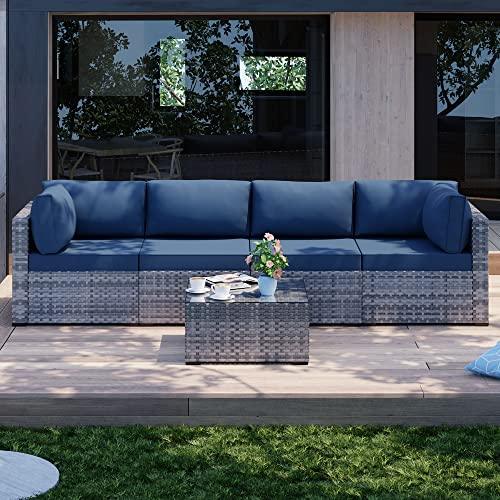 Shintenchi 5 Pieces Outdoor Patio Sectional Sofa Couch, Silver Gray PE Wicker Furniture Conversation Sets with Washable Cushions & Glass Coffee Table for Garden, Poolside, Backyard (Aegean Blue) - CookCave