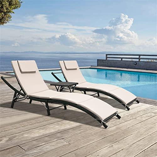 GUNJI Lounge Chairs for Outside 3 Pieces Patio Adjustable Chaise Lounge Outdoor Wicker Lounge Chairs Set of 2 with Table Folding Chaise Lounger for Poolside, Deck, Lawn (Beige) - CookCave