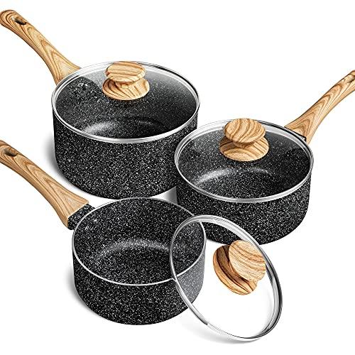 MICHELANGELO Saucepan Set with Lid, Nonstick Sauce Pan with Lid 1.5QT+2QT+3QT, Small Pots with Lid, Granite Coating Sauce Pans, Nonstick Sauce Pot Set 3Pcs - CookCave