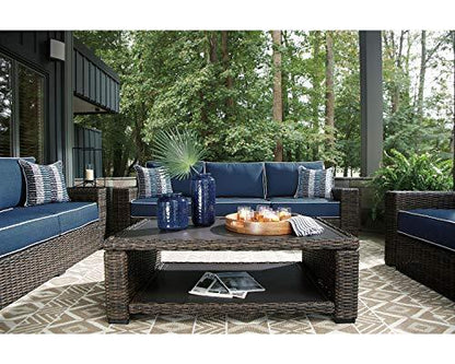 Signature Design by Ashley Grasson Lane Outdoor Patio Wicker Sofa with Cushion and 2 Pillows, Brown & Blue - CookCave