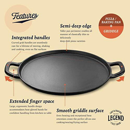 Legend Cast iron Pizza Pan | 14” Steel Pizza Cooker with Easy Grip Handles | Deep Stone for Oven or Griddle for Gas, Induction, Grilling | Lightly Pre-Seasoned Cookware Gets Better with Use - CookCave