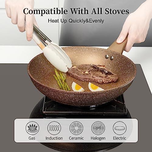 Frying Pan Set with Lids - Nonstick Frying Pan Set 3 Pcs, Non Stick Granite Cookware Set, Induction Skillet Set Egg Omelette Frying Pan W/Lid, Healthy No Toxic Cookware, Pan Set for Cooking, PFOA Free - CookCave