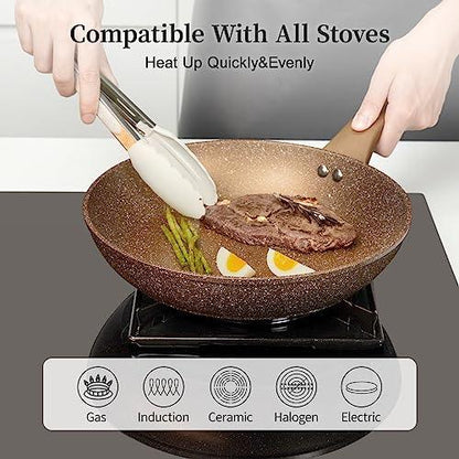 Frying Pan Set with Lids - Nonstick Frying Pan Set 3 Pcs, Non Stick Granite Cookware Set, Induction Skillet Set Egg Omelette Frying Pan W/Lid, Healthy No Toxic Cookware, Pan Set for Cooking, PFOA Free - CookCave