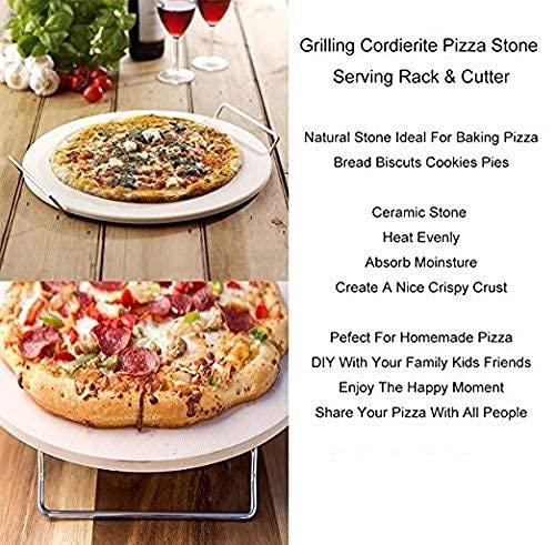 13 Inch Round Pizza Stones for Grill and Oven, Cordierite Baking Stones Set with Serving Rack & Cutter, Durable and Safe Cooking Stone Pan for Bread - CookCave