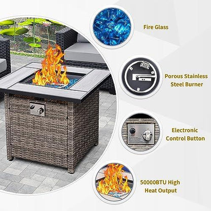 Outdoor Propane Fire Pit Table for Outside, 30 Inch 50,000 BTU Square Grey Rattan Gas Firepit with Tabletop, Fire Glass, and Waterproof Cover, for Parties and Gatherings on Patio Garden Backyard Porch - CookCave