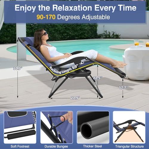 Slendor Zero Gravity Chairs Oversized,XL Zero Gravity Lounge Chair,29in Folding Outdoor Patio Recliner, Anti Gravity Chair for Lawn Backyard Office w/Headrest, Cup Holder, Support 300lbs, Black/Blue - CookCave