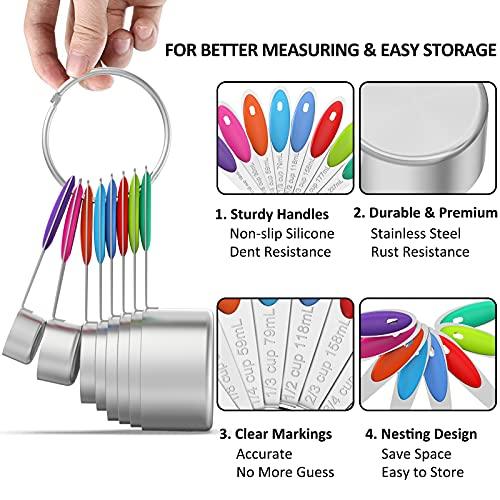 Measuring Cups & Spoons Set of 21 - Wildone Stainless Steel Measuring Cups and Spoons with Colored Silicone Handle, 8 Nesting Metal Cups, 8 Spoons & 5 Mini Spoons, for Dry and Liquid Ingredient - CookCave