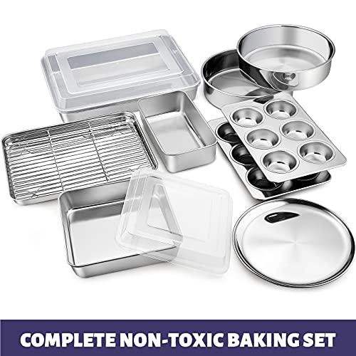 P&P CHEF 12-Piece Stainless Steel Baking Pans Set, Kitchen Bakeware Set, Include Baking Sheet with Rack, Round/Square Cake Pan, Lasagna Pan, Loaf Pan, Muffin Pan, Pizza Tray & 2 Covers, Durable - CookCave