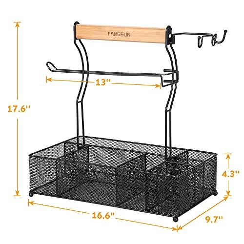 FANGSUN Large Grill Utensil Caddy, Picnic Condiment Caddy, BBQ Organizer for Outdoor Grilling, Camping Caddy with Paper Towel Holder for Plate Cutlery, Grill Accessories Storage for Tailgating, Black - CookCave